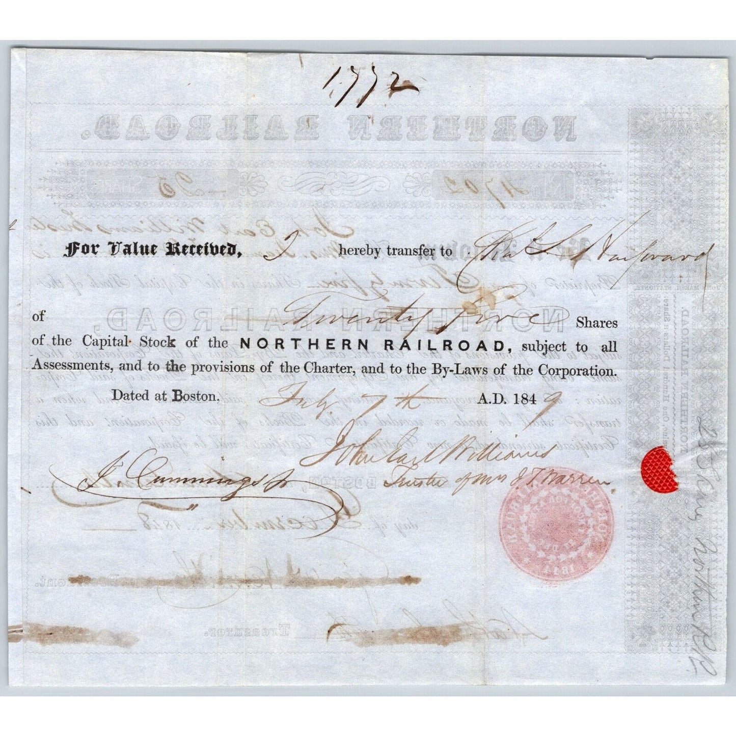 1848 Boston, MA Northern Railroad Stock Certificate No. 4702 for 25 Shares