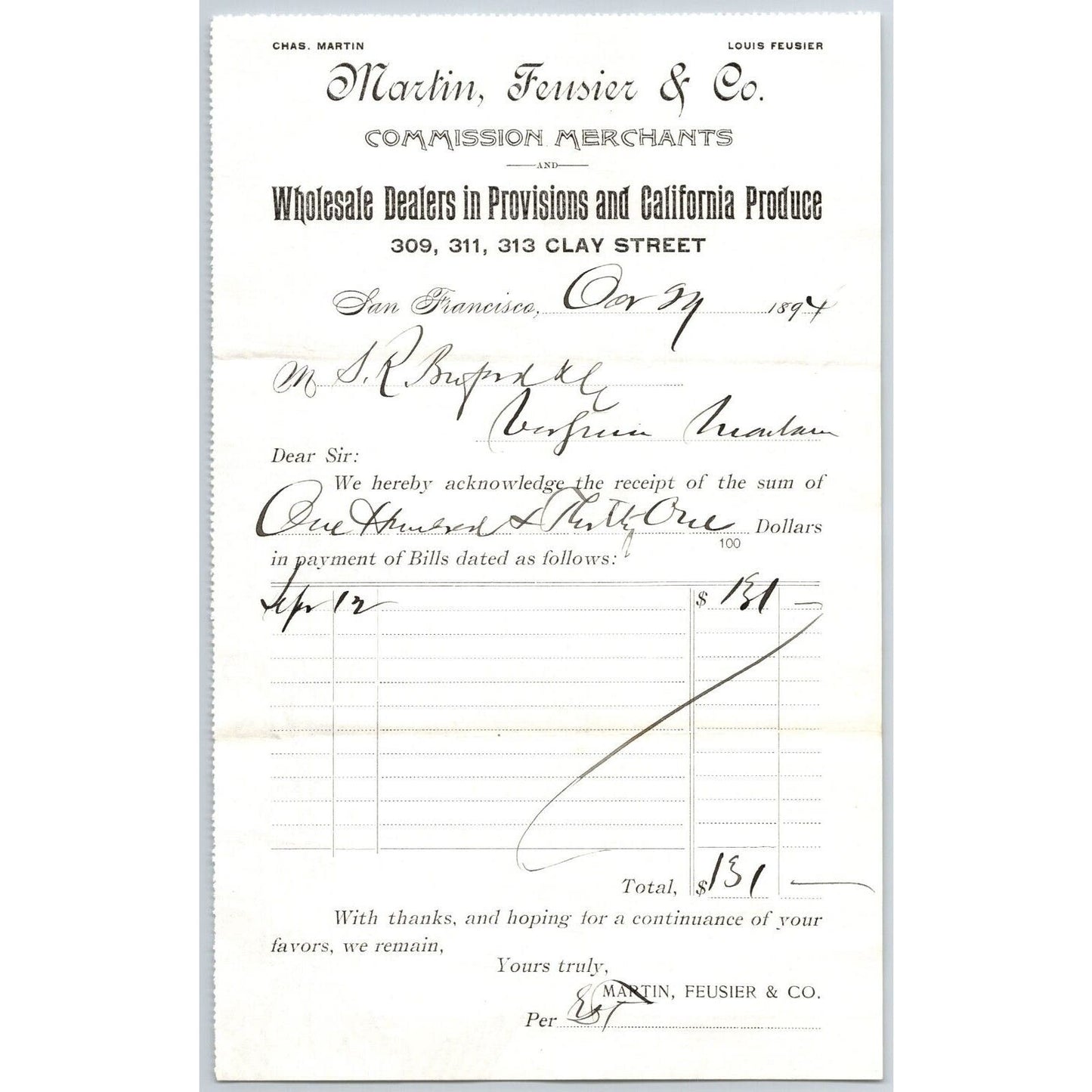 San Francisco Martin, Feusier & Co Produce Buford 1894 Billhead Statement Scarce