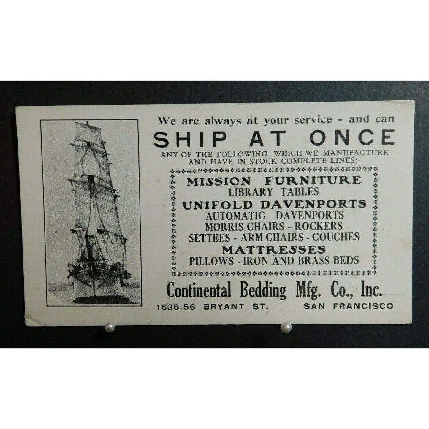 1940's Ink Blotter Advertising - Bedding Furniture Shipping - San Francisco