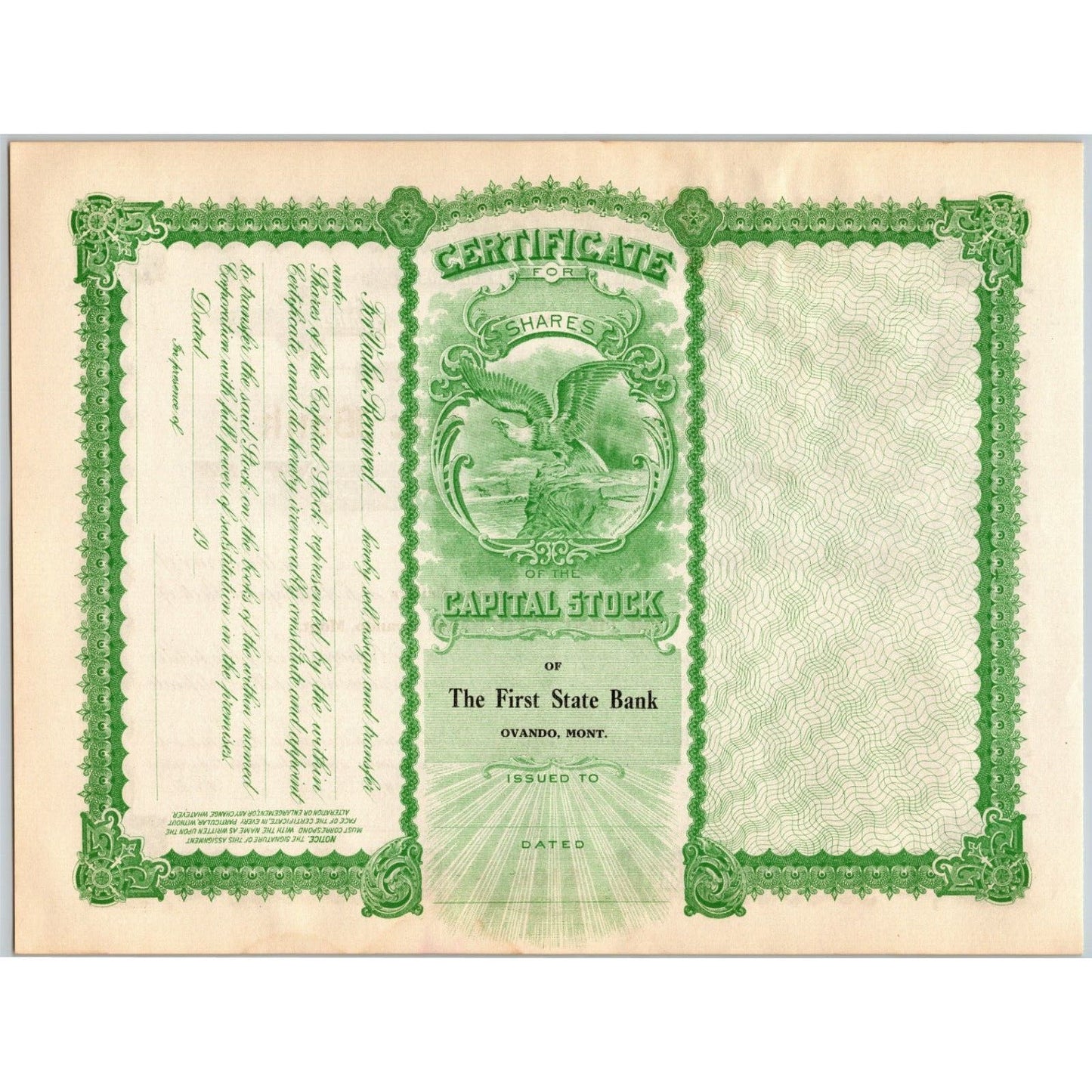 Ovando, MT "The First State Bank" Unissued c1900 -1920's Stock Certificate #72