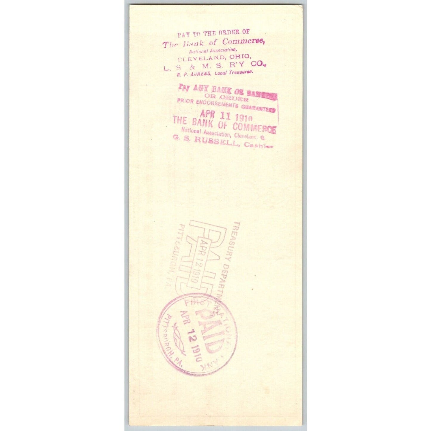 Lake Shore & Michigan Southern Railway Railroad 1910 Bank Check