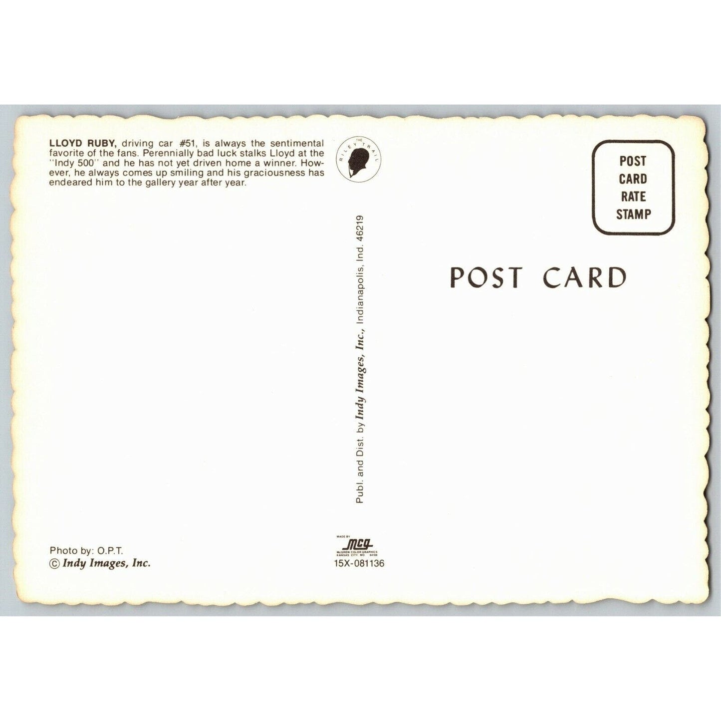 Vintage Indy 500 Postcard c1976 "Lloyd Ruby'" Scalloped 4" x 5 3/4" NOS