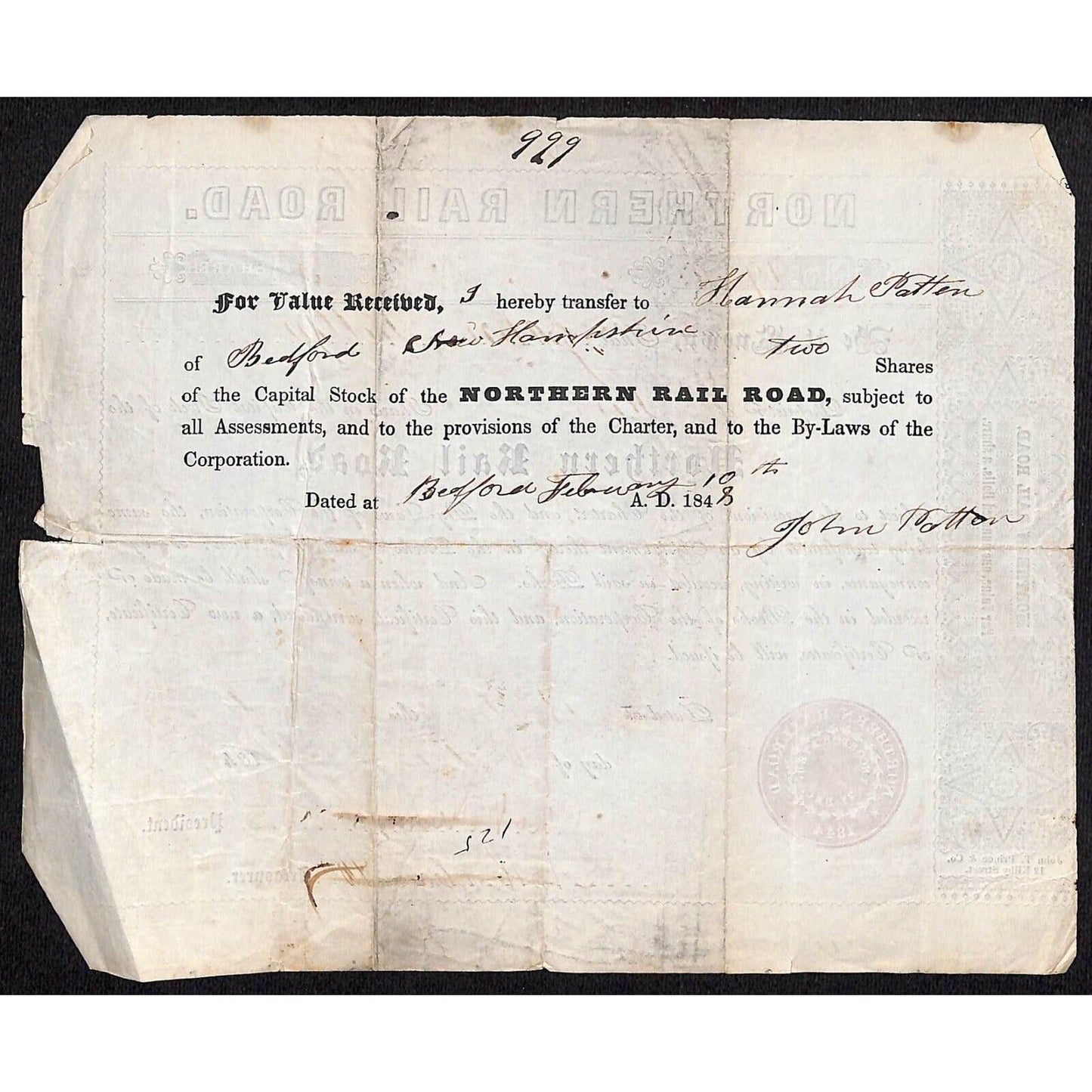 1847 Boston, MA Northern Railroad Stock Certificate No. 1950 for 5 Shares