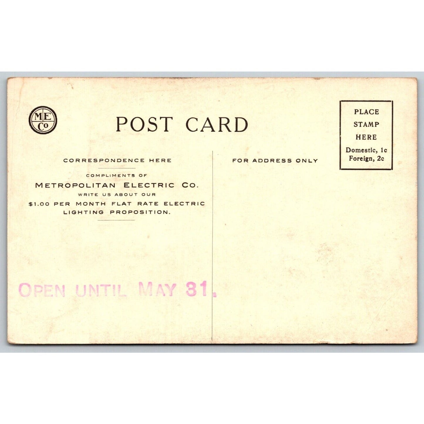 Metropolitan Electric Co. Reading, PA $1 Per Month Rate Adv. Postcard c1910