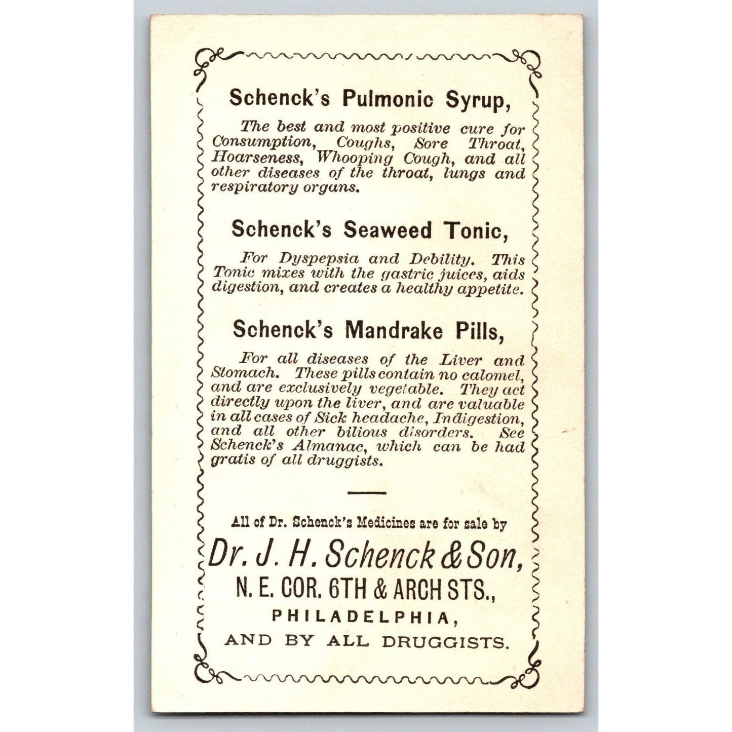 Schenck's Pulmonic Syrup Philadelphia Victorian Trade Card - Consumption