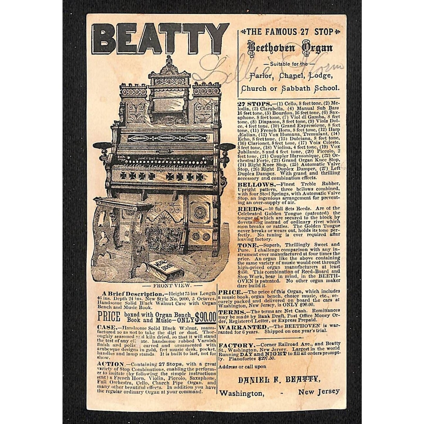 Beatty's Organs and Pianos Washington, NJ Victorian Trade Card Horse Shoe Child