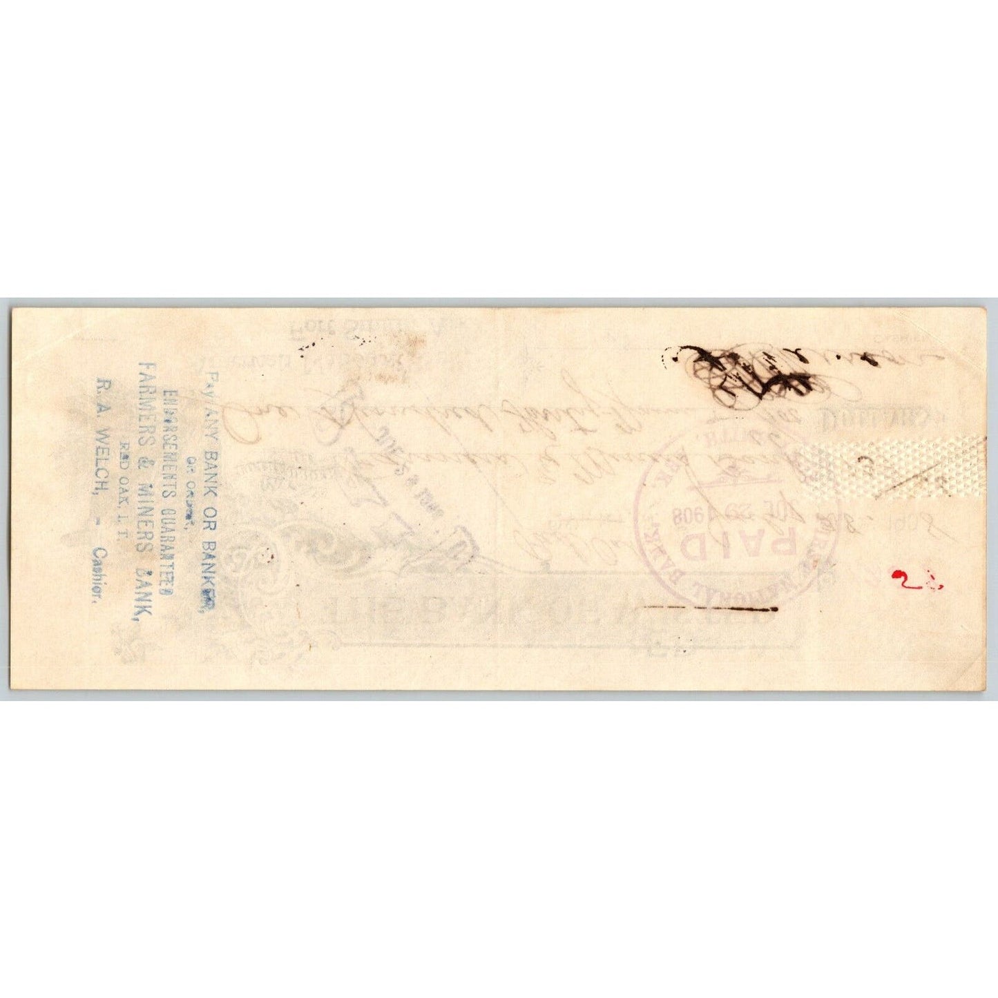 Indian Territory Bank of Red Oak / Wister Oklahoma Check 1908 Eagle Vignette