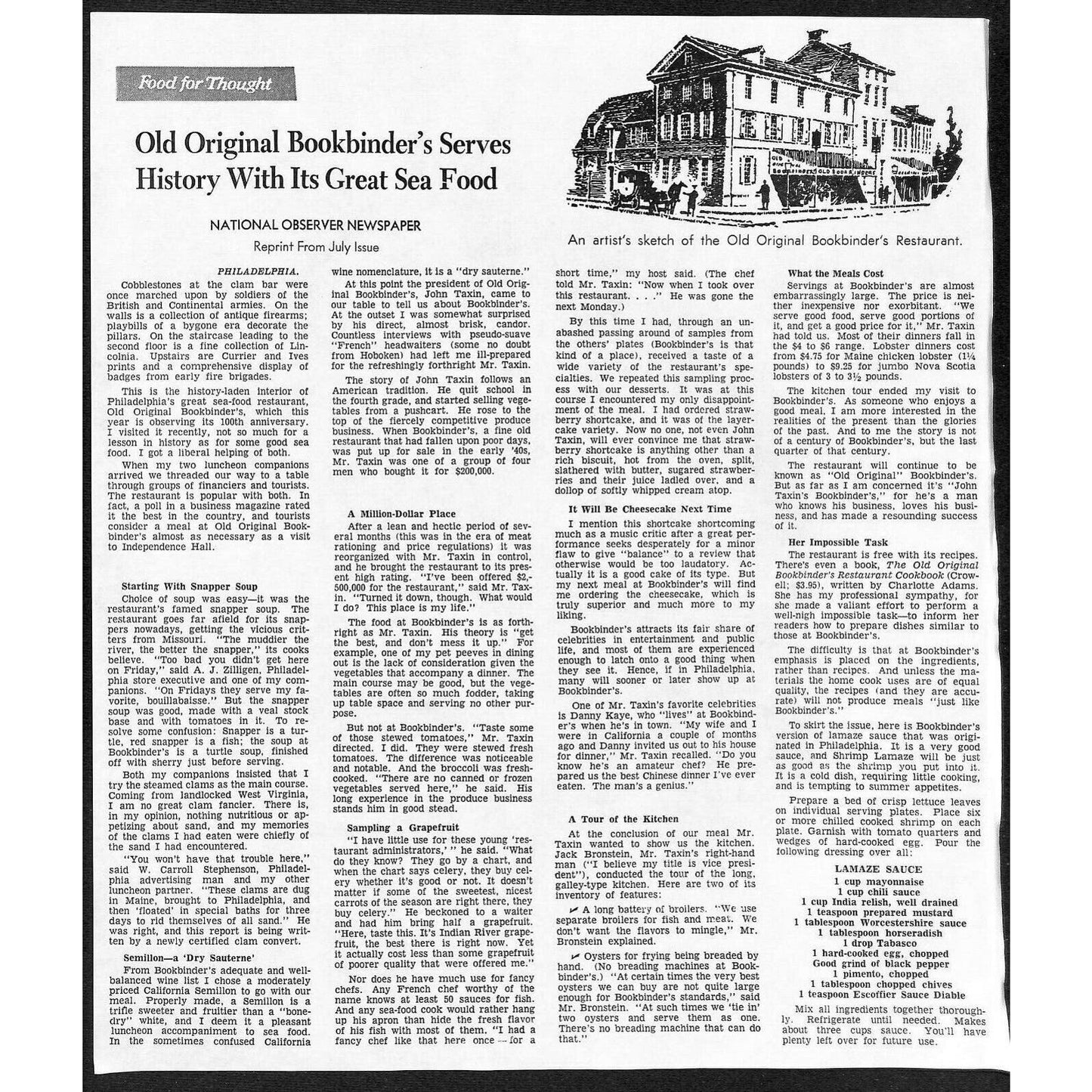 Bookbinder's Menu 1976 Large Restaurant Philadelphia Landmarks Cover Art