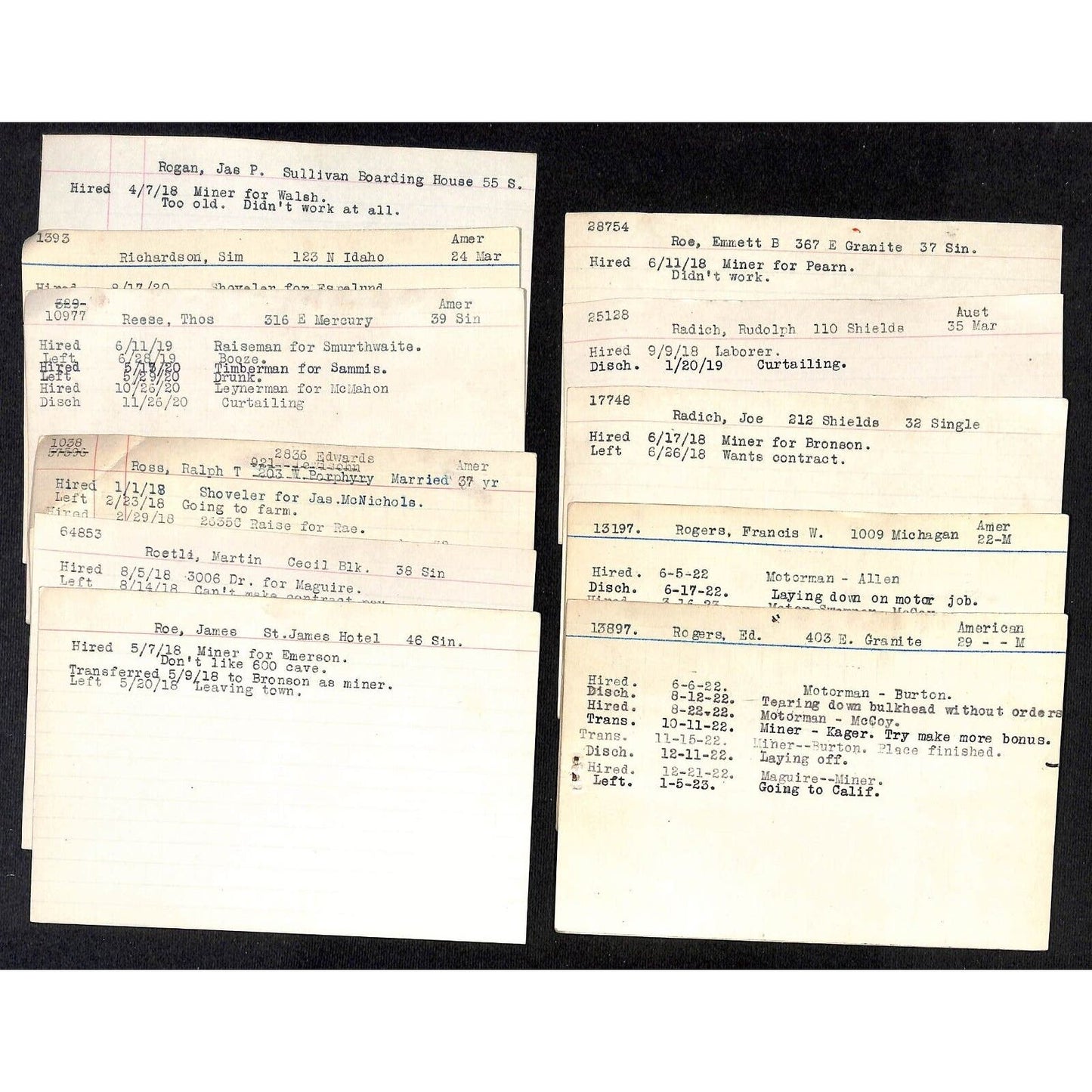 Scarce Group of 10 c1918 Butte, MT Mining Employee Hire / Fire Record Cards