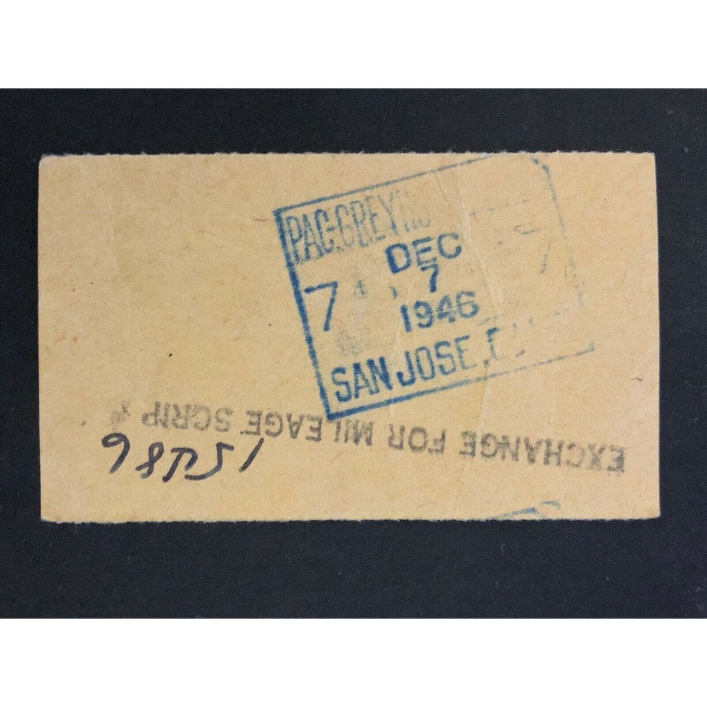 Pacific Greyhound Bus Lines I.D. Check / Ticket "San Jose" 24946 c1945-1955