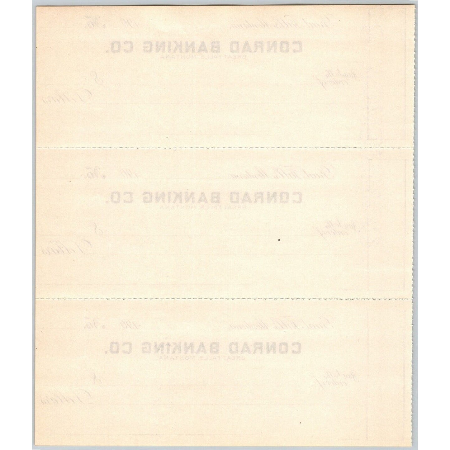Great Falls Montana Conrad Banking Company Bank Check Sheet 1900 - 1909
