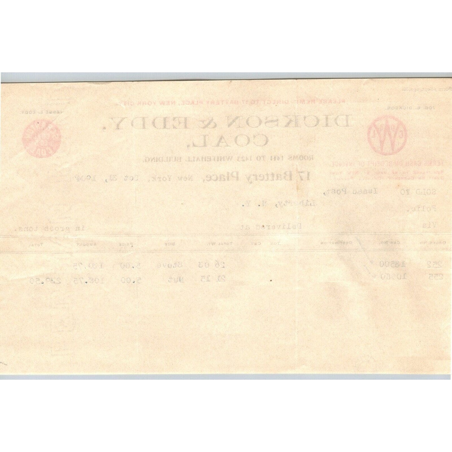 Dickson & Eddy Coal 17 Battery Place, NYC to: Isaac Post 1904 Billhead