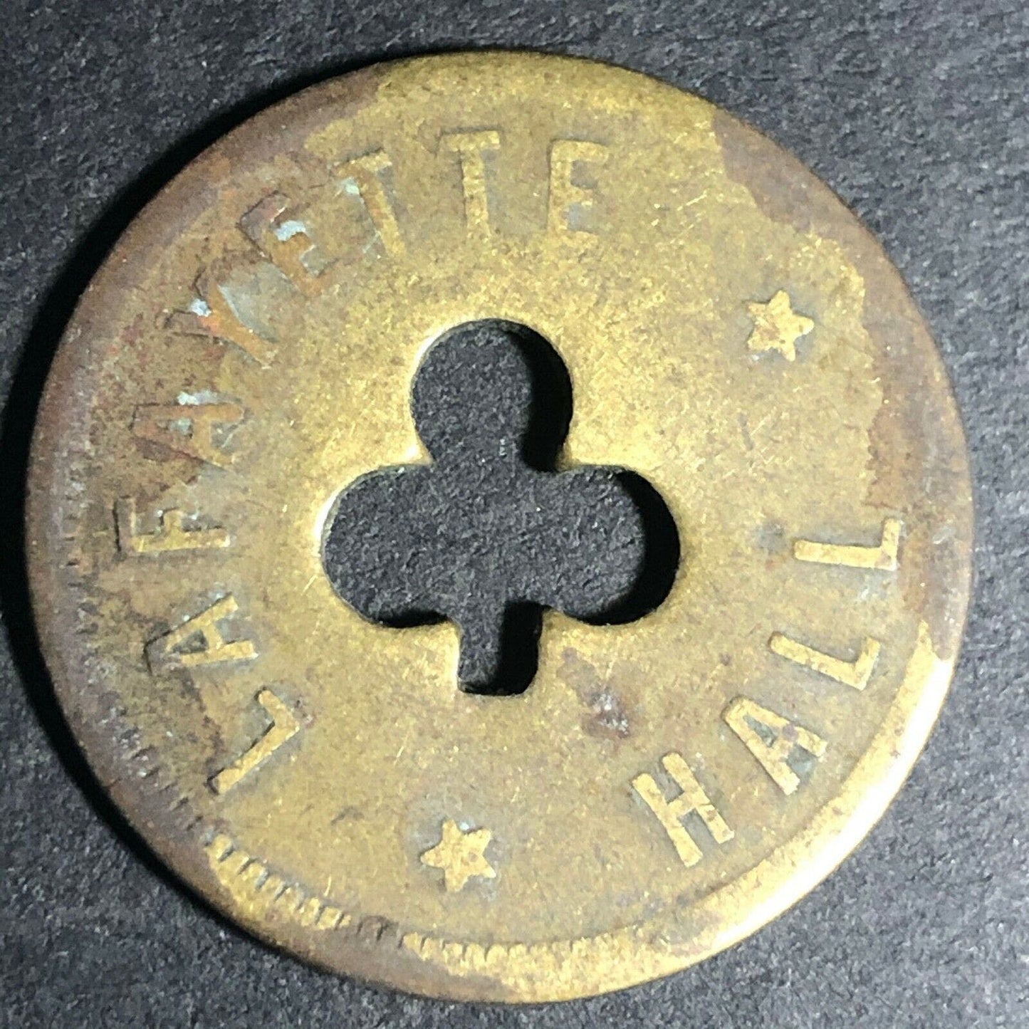 24.5mm Brass Lafayette Hall (Saloon Sacramento, CA) Token Clover Shamrock (#18)