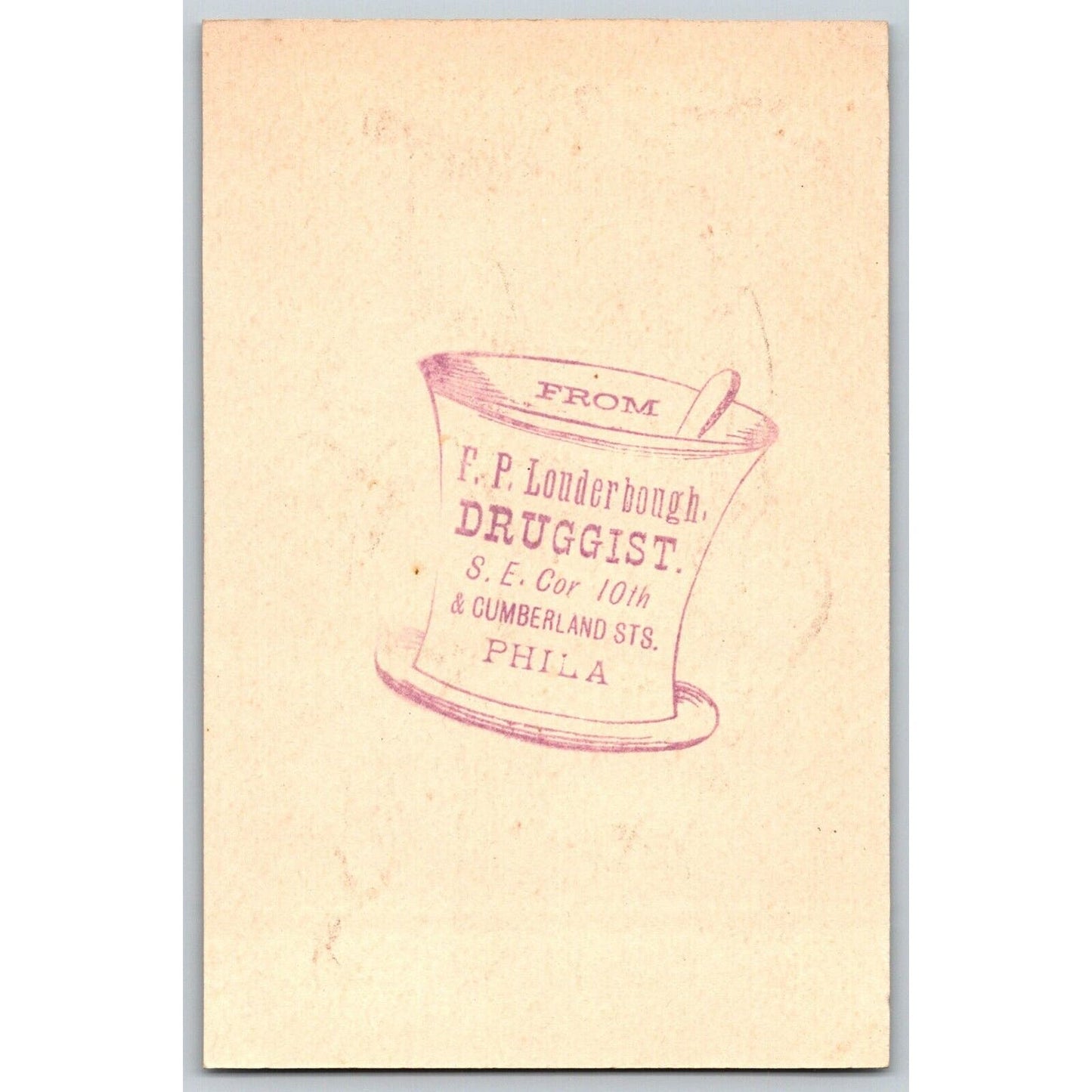 Philadelphia F.P. Louderbough Druggist French "J" Monogram Victorian Trade Card