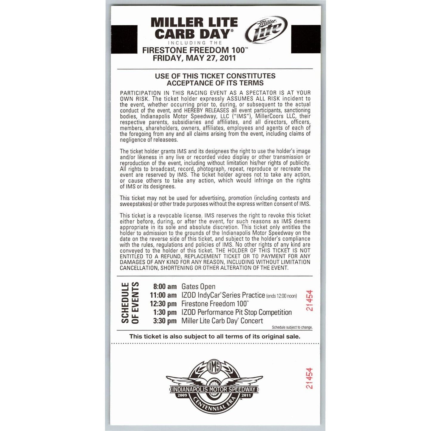 2011 Indy 500 Miller Lite Carb Day 5/27 Unused Ticket Staind #808