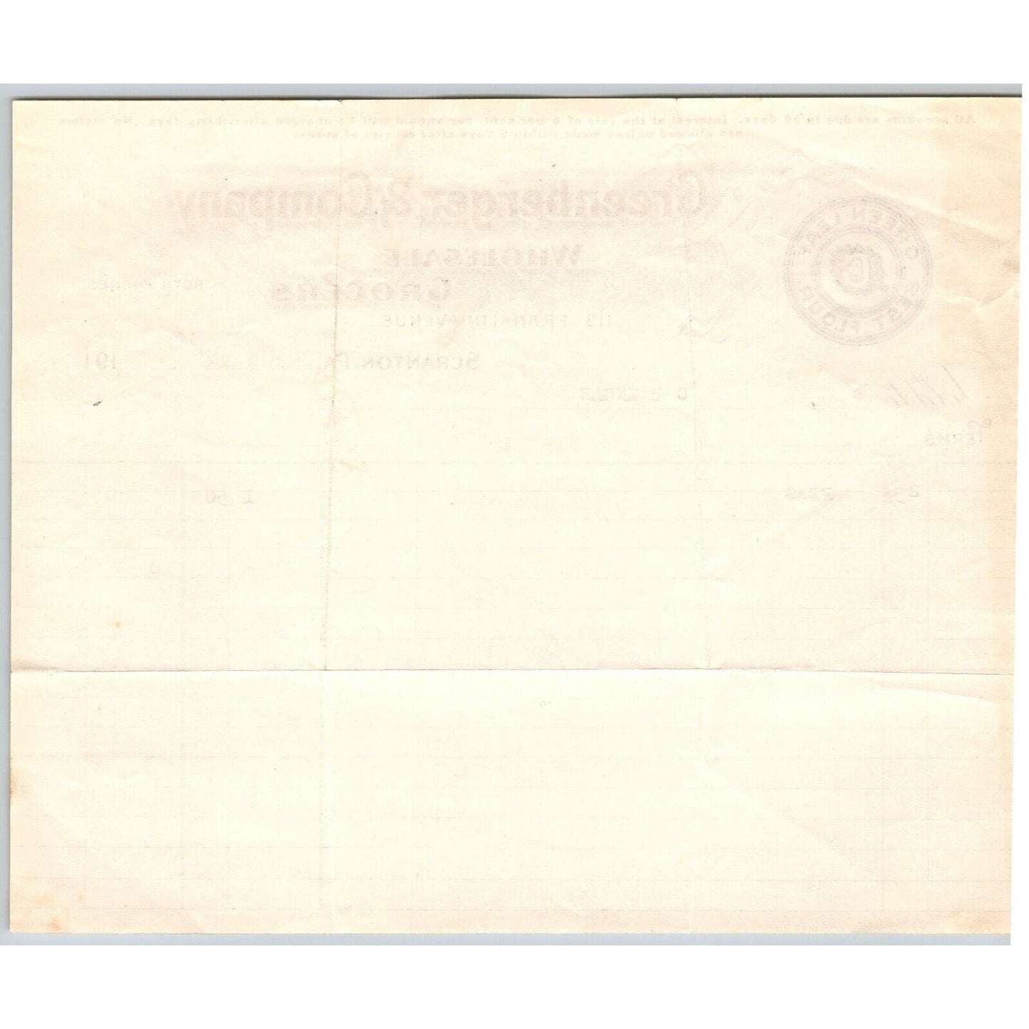 Scranton, PA Greenberger & Co. Grocers 1918 "C.B. Engel" Billhead - Peas