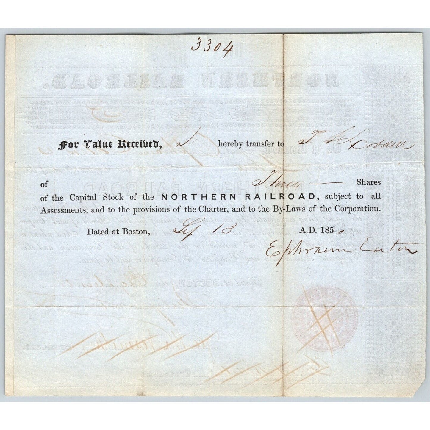 1850 Boston, MA Northern Railroad Stock Certificate No. 7826 for 3 Shares