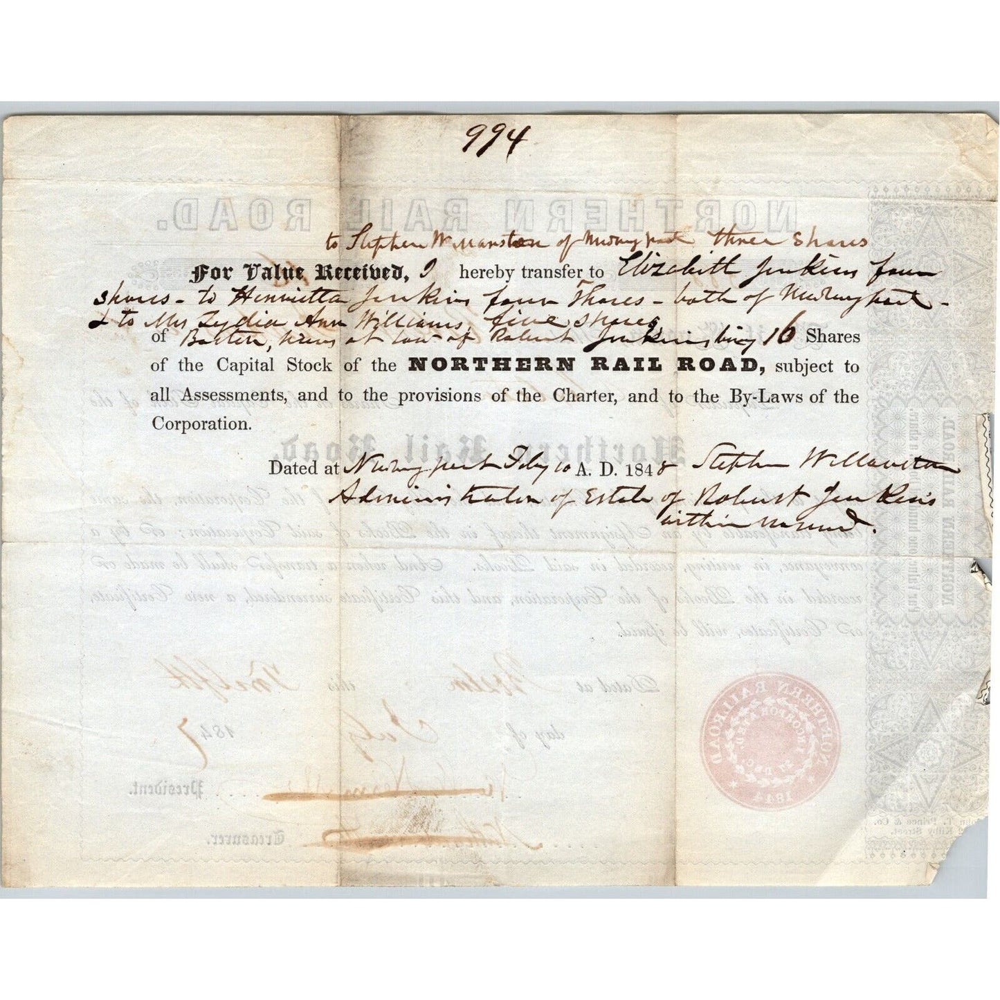 1847 Boston, MA Northern Railroad Stock Certificate No. 588 for 16 Shares