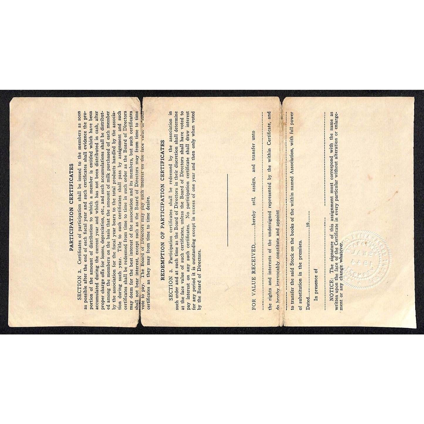 Bradford Vermont Cooperative Creamery Participation Certificate 1945