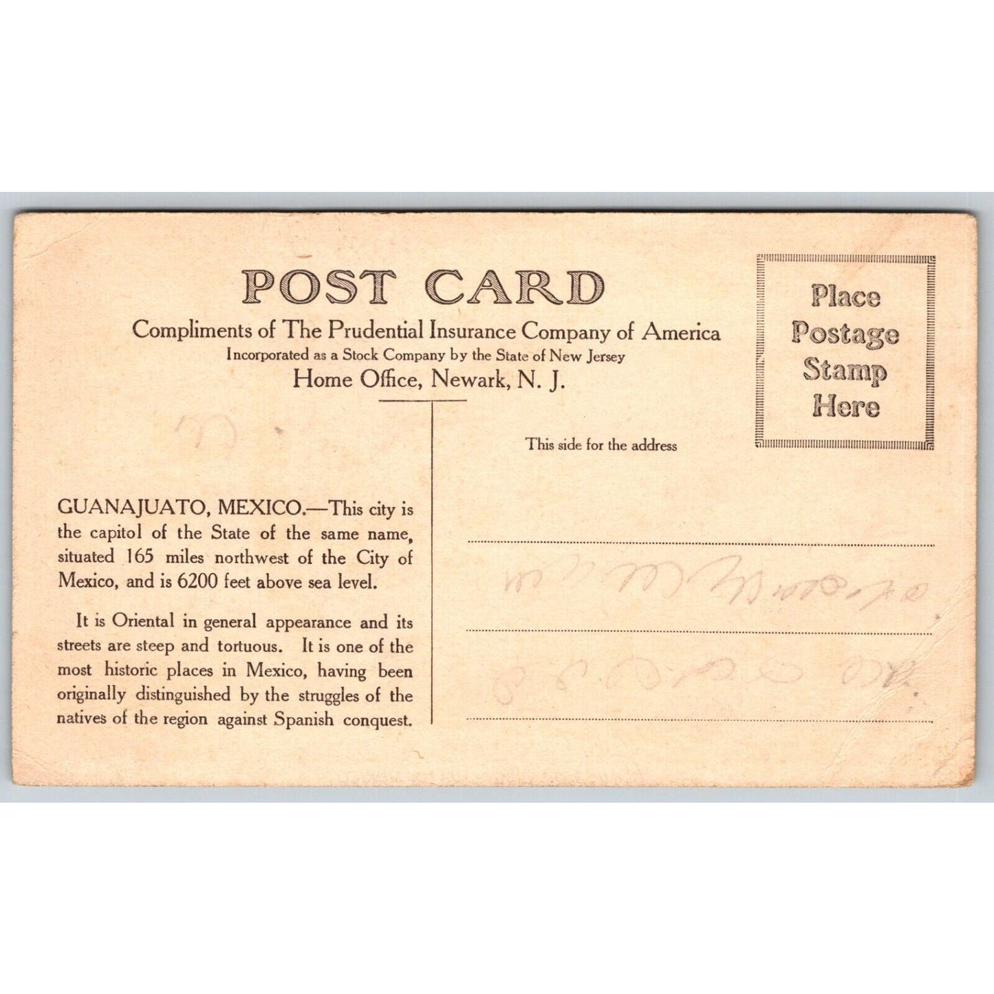 Prudential Insurance Co. "Glimpse of Guanajuato" Cactus Adv. Postcard c1911