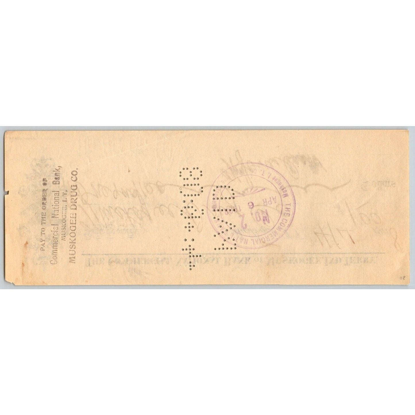 Muskogee, OK 1908 Indian Territory* Commercial National Bank Check - Scarce