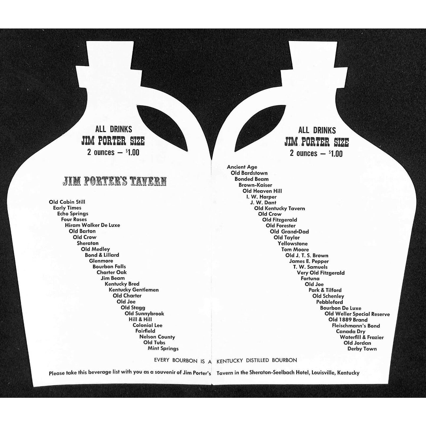 Jim Porter's Tavern Menu c1958-60's Sheraton Louisville Kentucky Bourbon Die-Cut