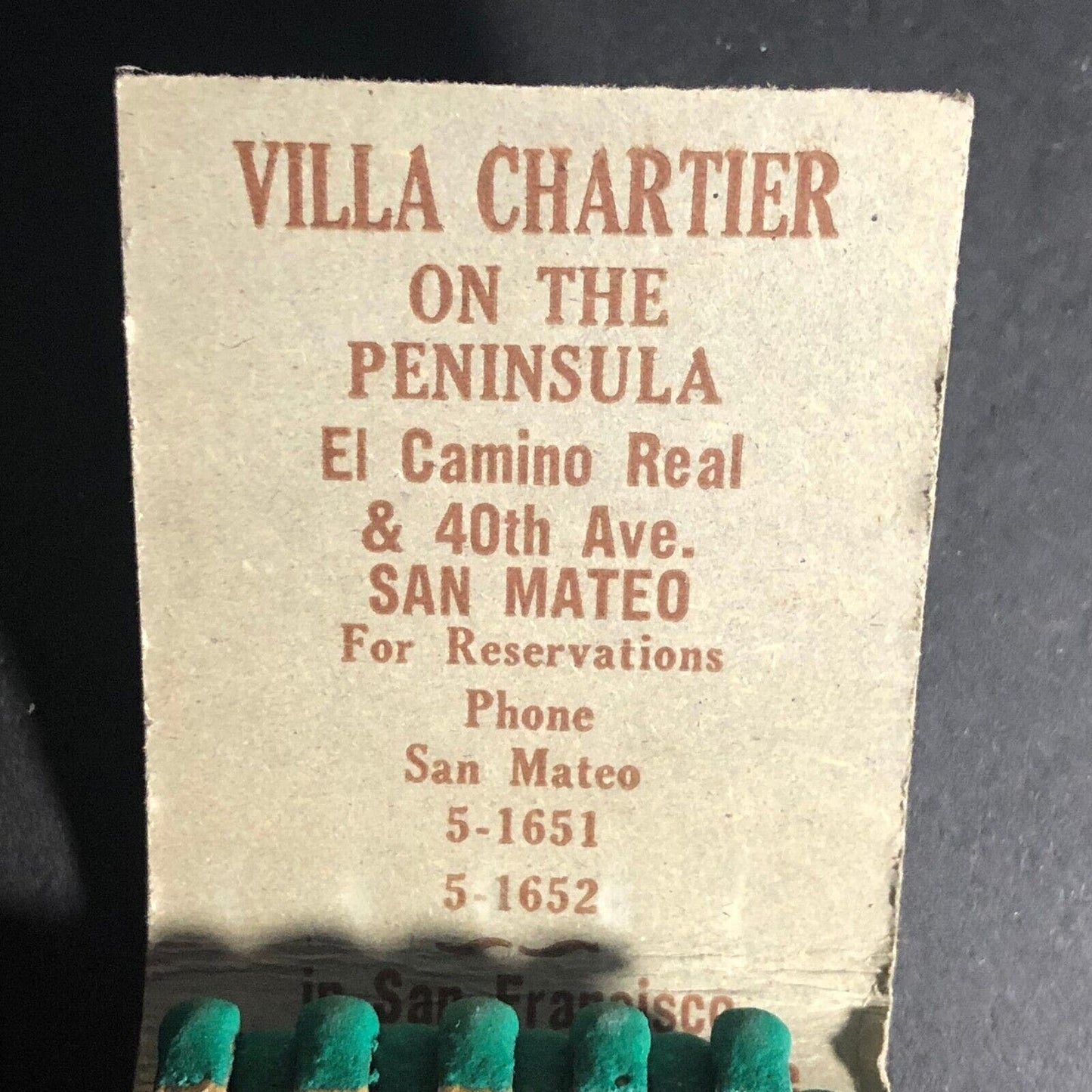 Villa Chartier San Francisco San Mateo Matchbook c1940's 20-Strike -1 VGC