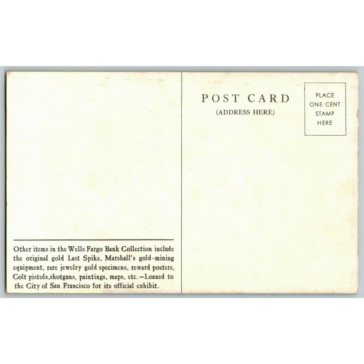 1939 SF World's Fair "Old Hangtown Wells Fargo Overland Stage" Exhibit Postcard
