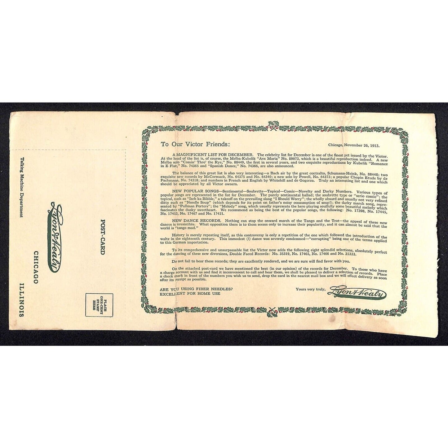 Lyon & Healy Chicago Postal Mailer Envelope w/ Victrola & Pianola Cards 1913