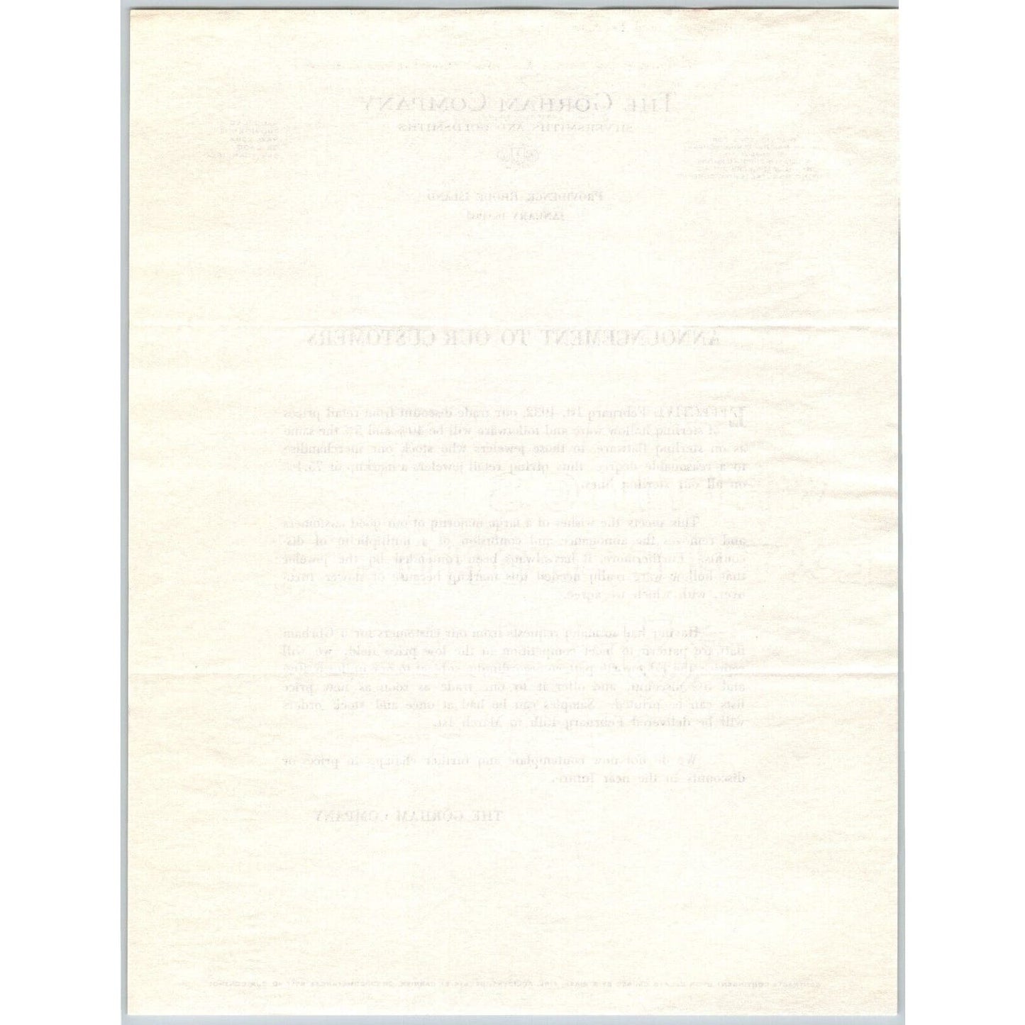 Gorham Company Silver to "Leys" Jewelers Butte, MT 1932 Discount Announcement