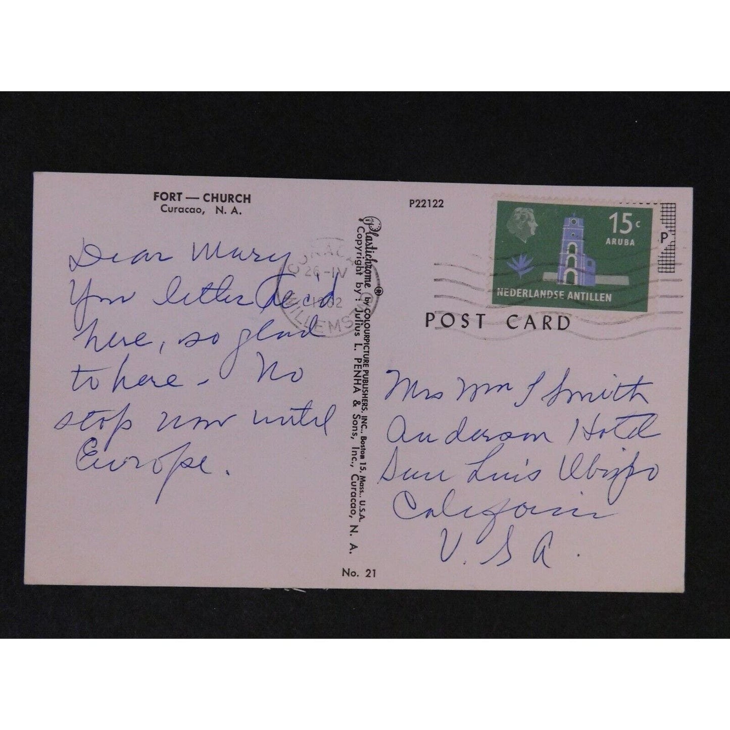 Vintage Postcard - Fort - Church Curacao, N. A. c1962