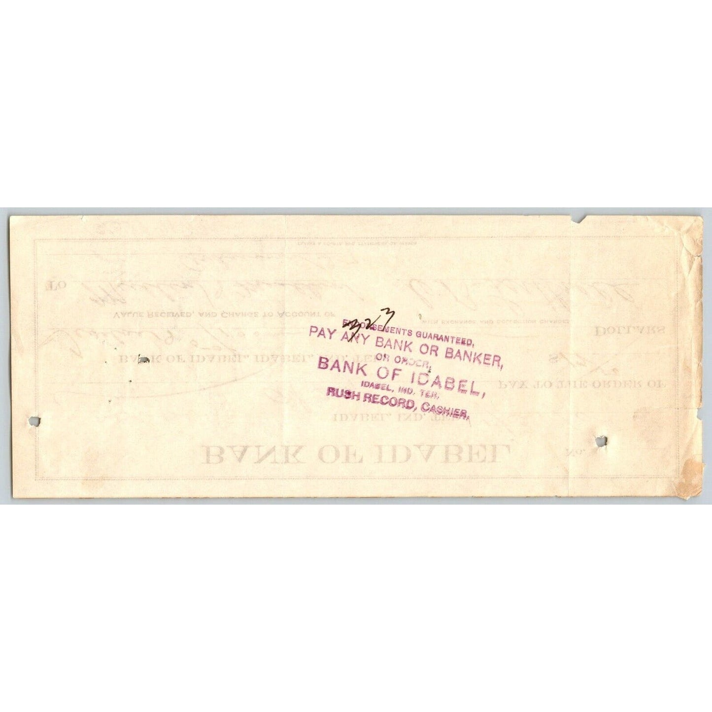 Idabel, Oklahoma Indian Territory 1906 Bank of Idabel Check - Scarce