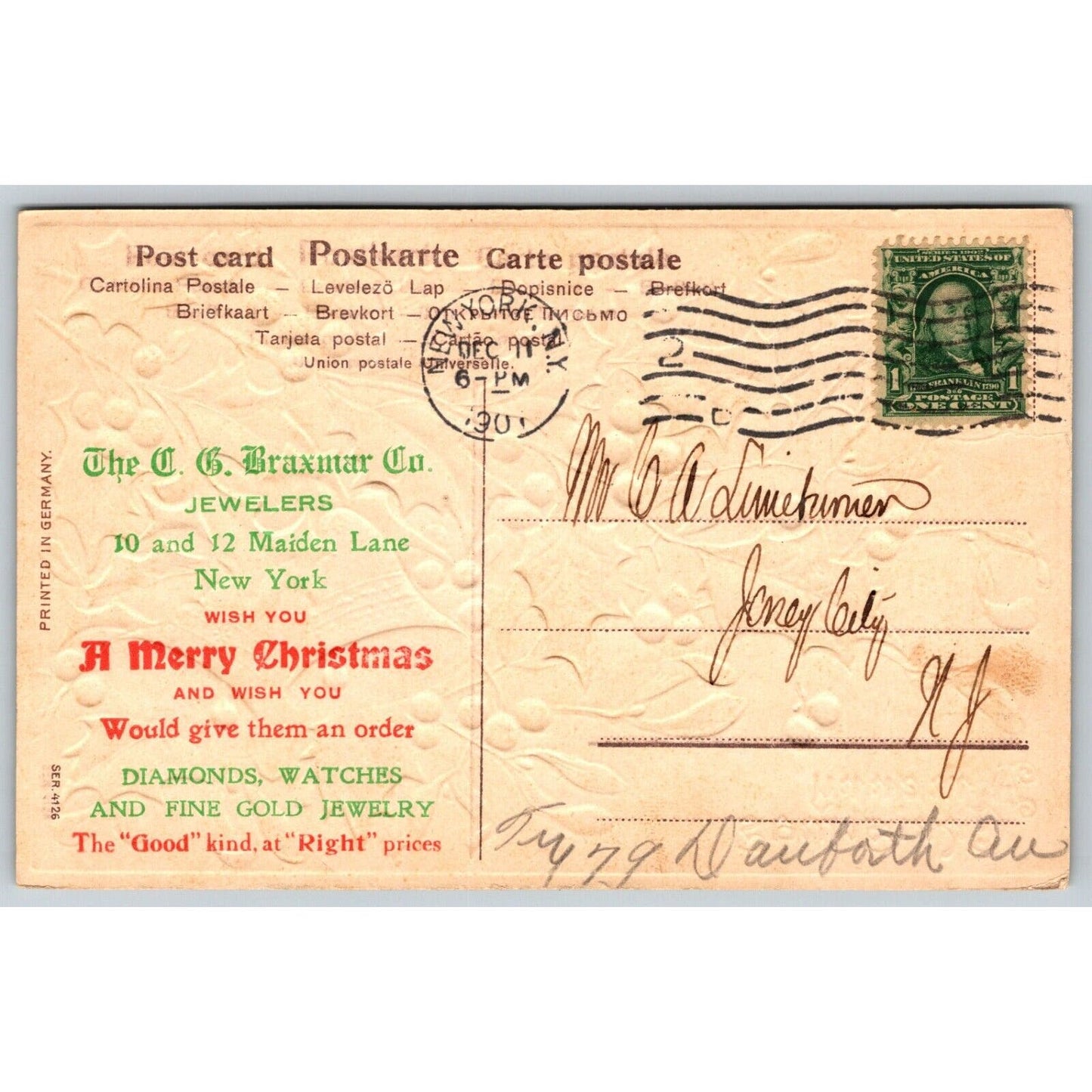 Braxmar Jewelers NYC Merry Christmas Holly Bells Advertising Postcard c1909