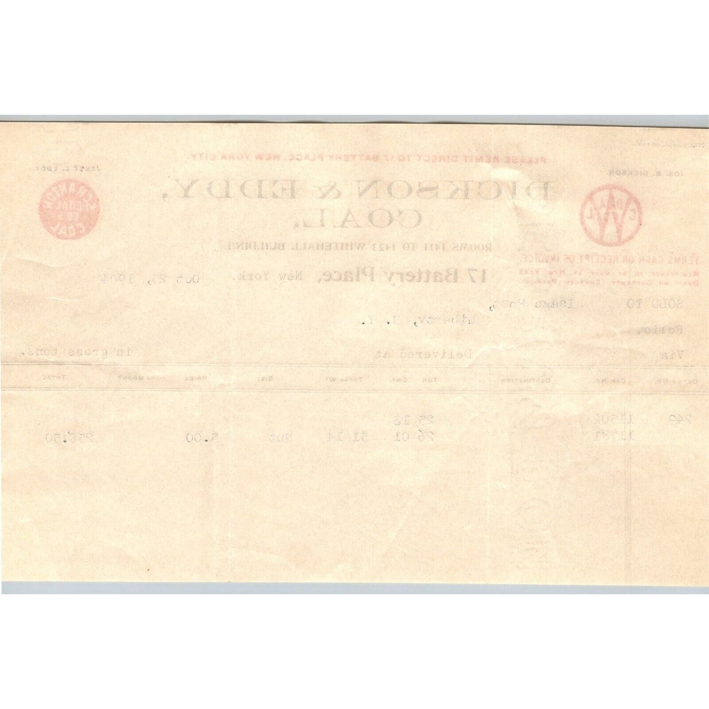 Dickson & Eddy Coal 17 Battery Place, NYC to: Isaac Post Xmas Day 1904 Billhead