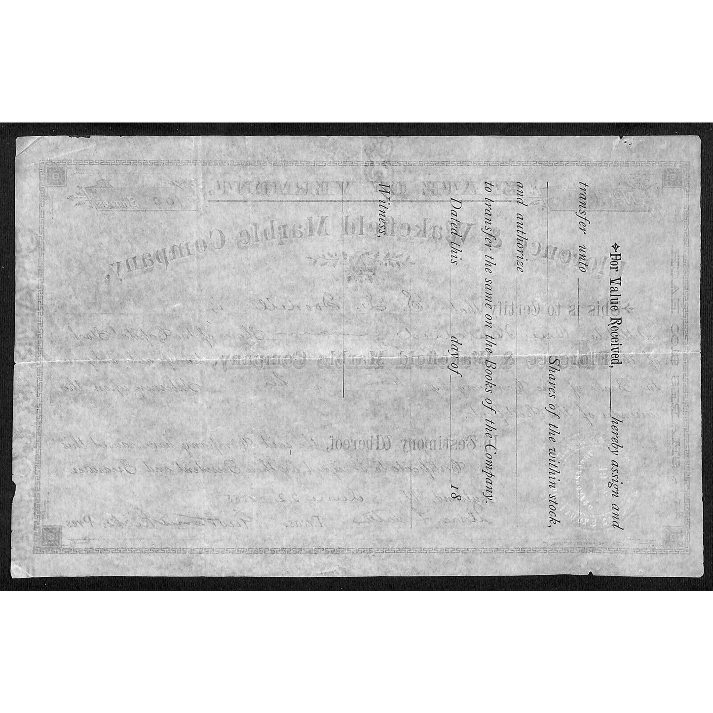Florence & Wakefield Marble Co. Rutland, VT 1885 Stock Certificate S.L Goodell*