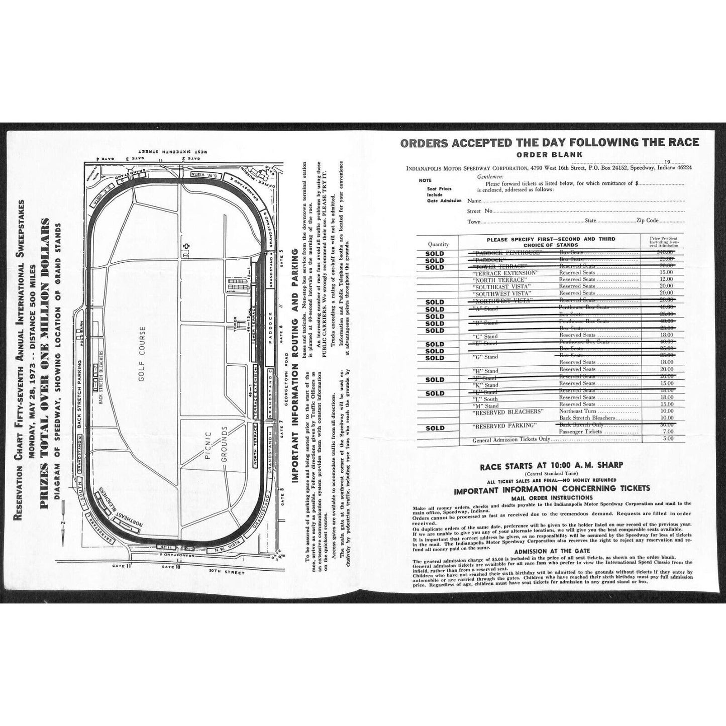 1973 Indy 500 Indianapolis IMS Unused Ticket Info Order Form Sheet w/ Map Scarce