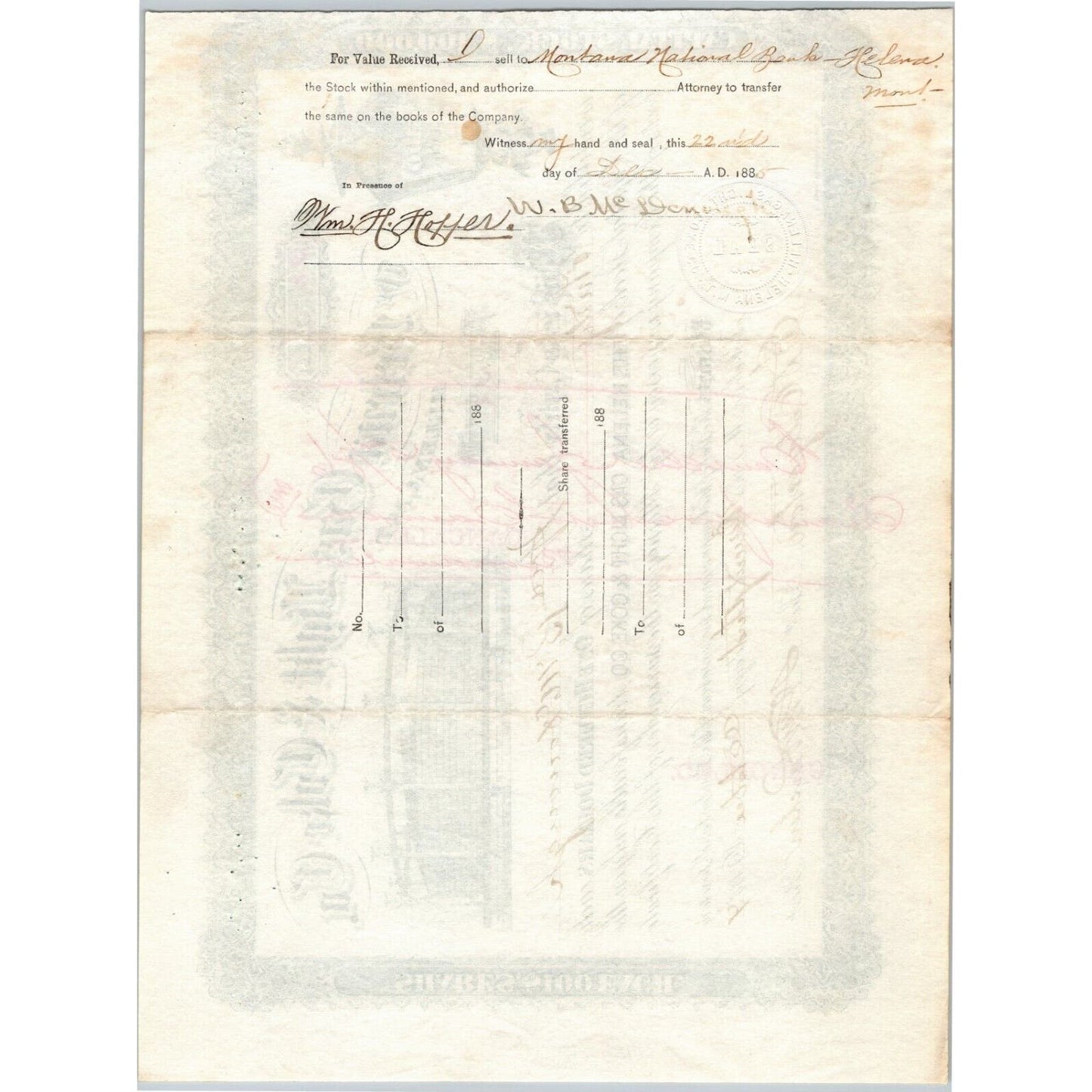 Helena Gas Light & Coke Co. Montana 1884 Stock Certificate - 30 Shares Cert #32