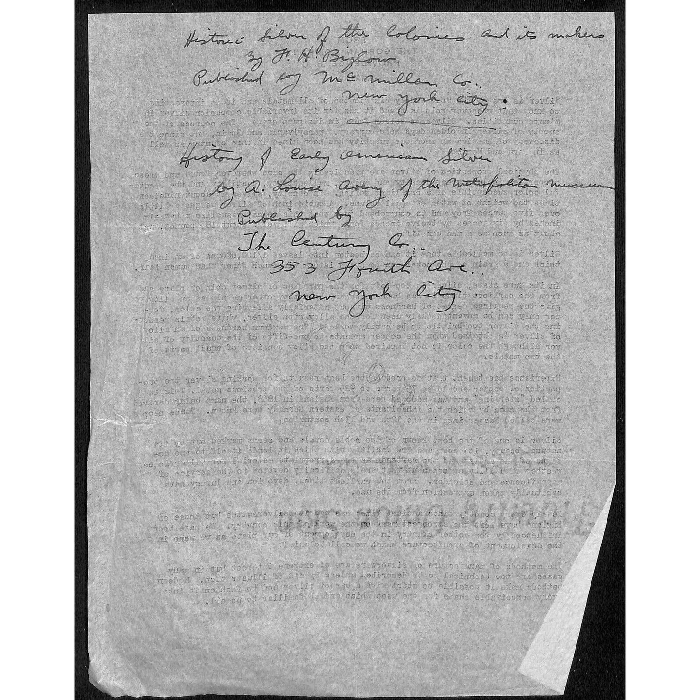 c1920 Gorham Silver Co. Letterhead Copy Silver Info on Onion Skin Paper