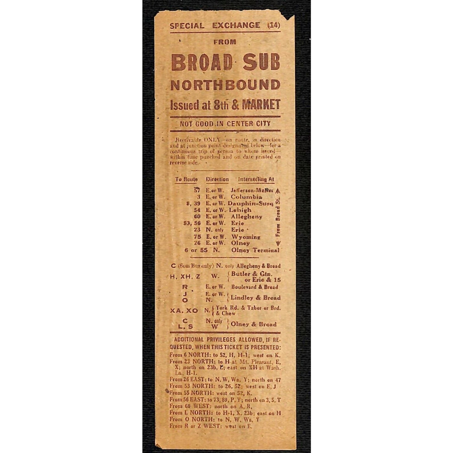 Vintage c1940's-50's Ticket - Philadelphia Transit Co. - Broad Sub North #1800