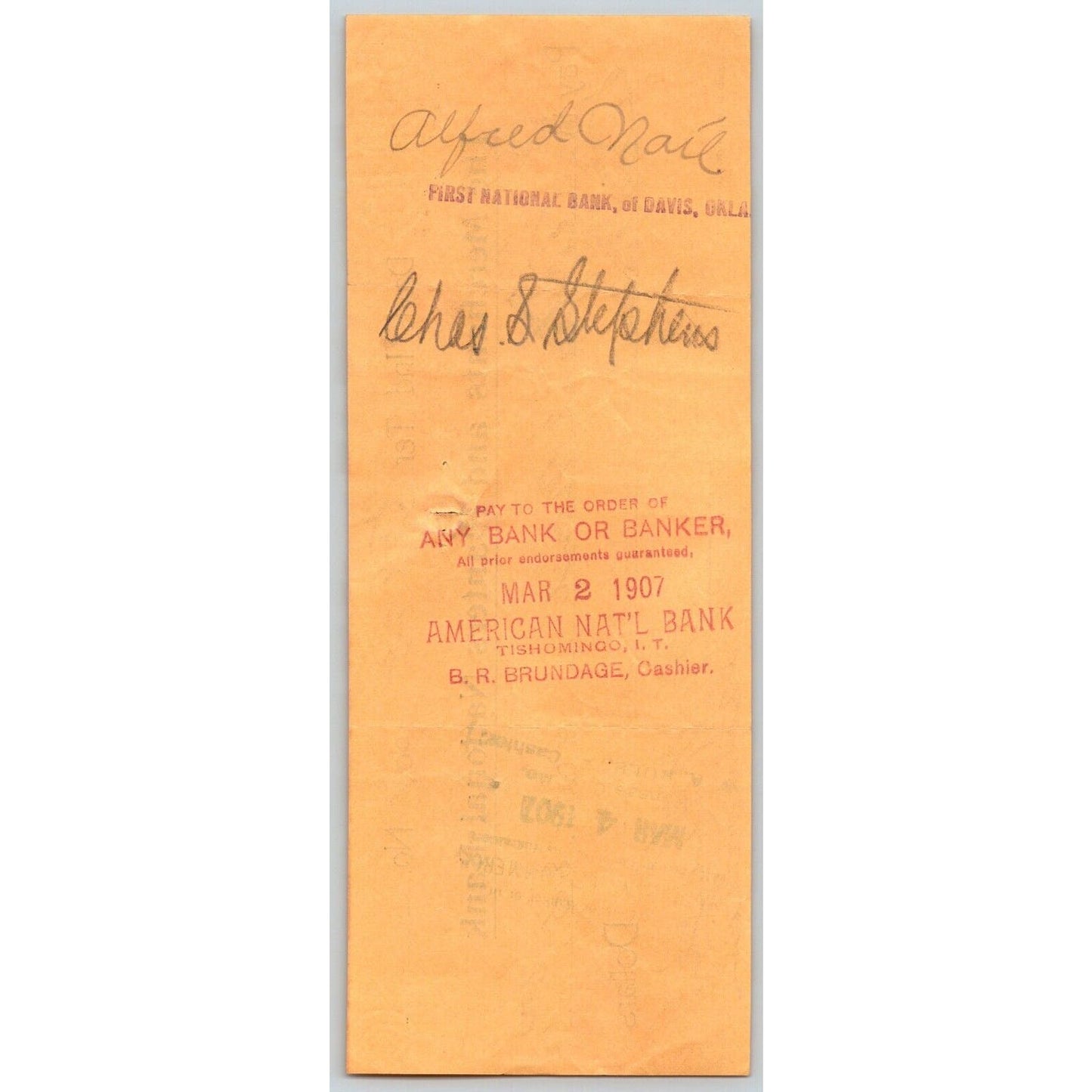 Davis, OK Indian Territory 1907 Merchants and Planters Bank Check - Scarce