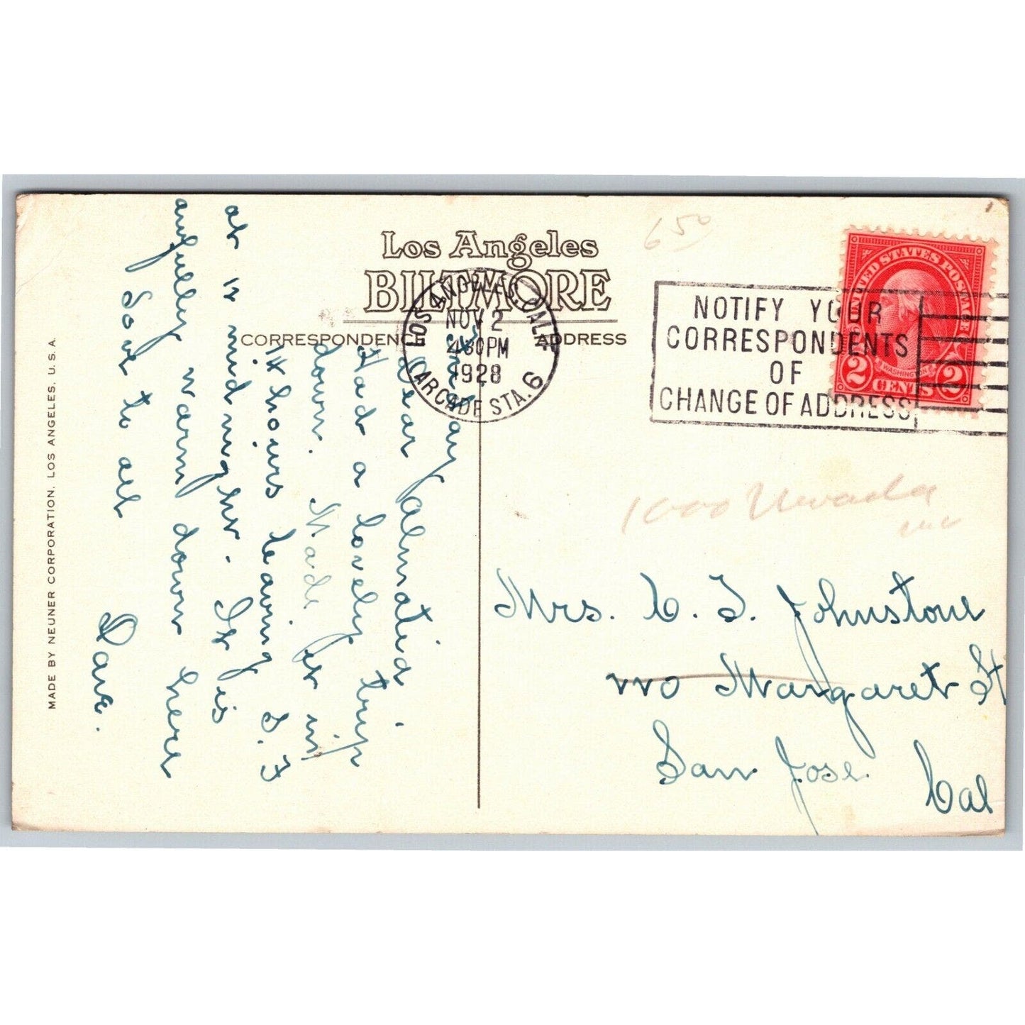 Biltmore Hotel Los Angeles Postcard - PM 1928 (Neuner Corp) "Host of the Coast"