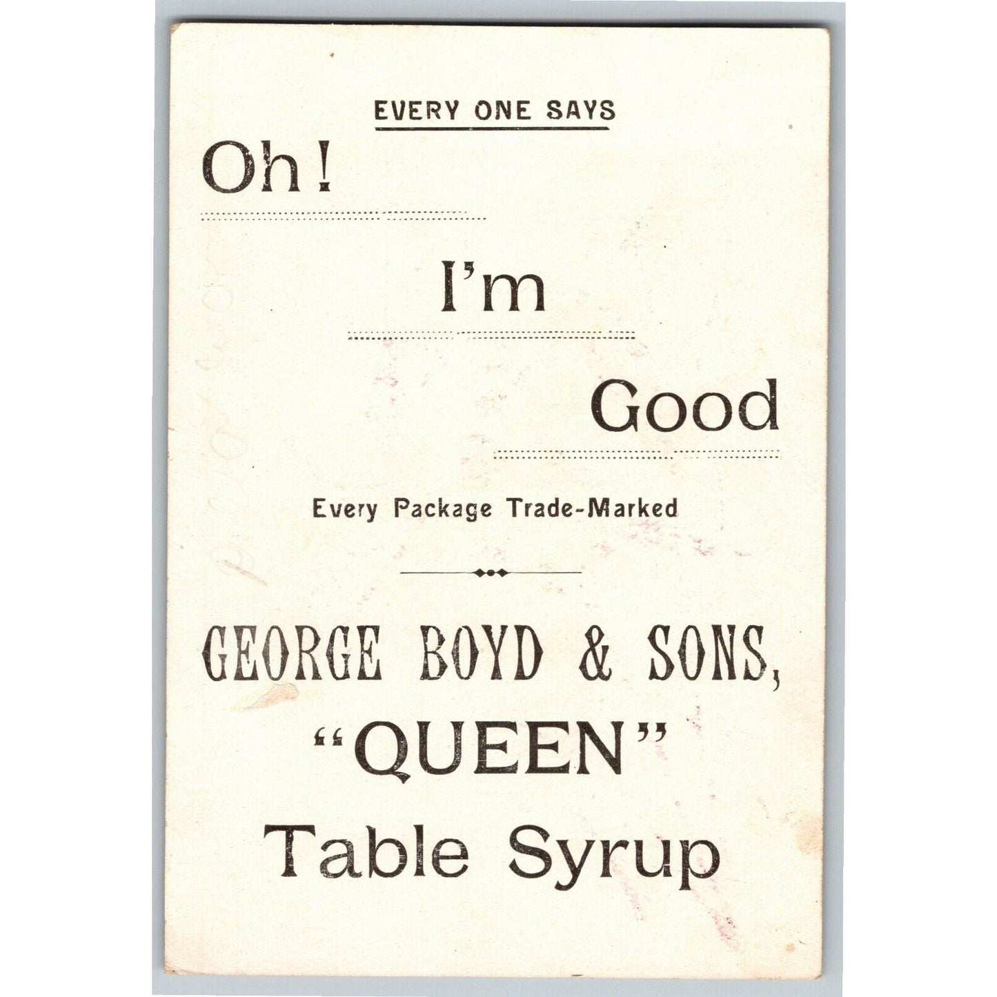 George Boyd & Sons "Queen" Table Syrup Victorian Trade Card Love Birds Umbrella