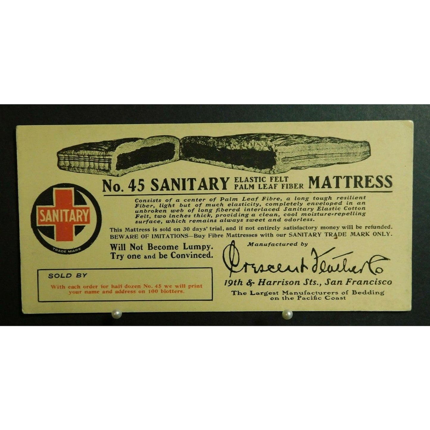 1930's Ink Blotter Advertising - Elastic Felt Sanitary Mattress - San Francisco