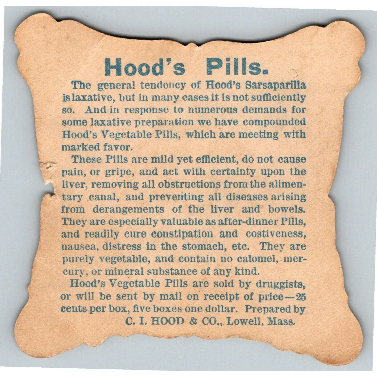Die Cut Victorian Trade Card Hood's Liver Pills Lowell, MASS Girl - Fancy Frame