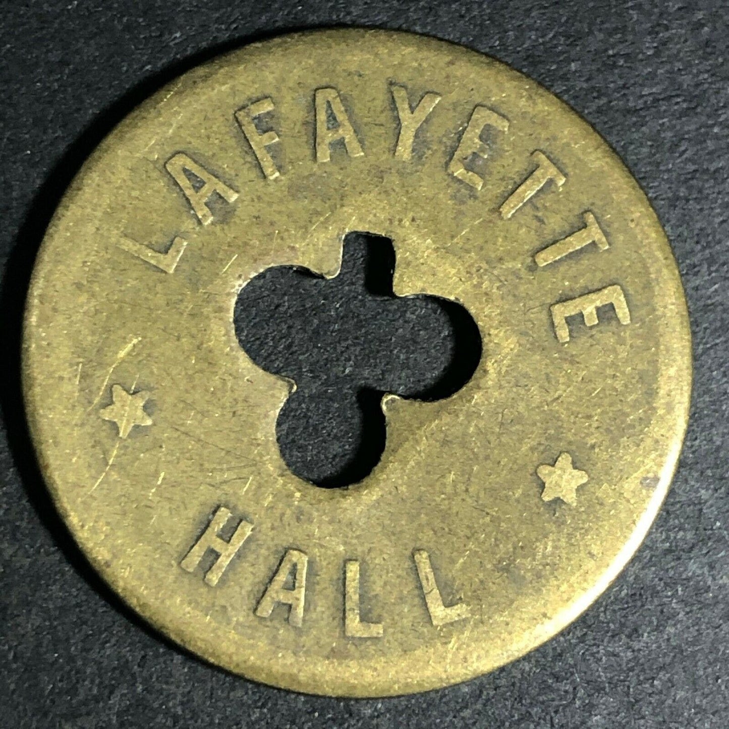 24.5mm Brass Lafayette Hall (Saloon Sacramento, CA) Token Clover Shamrock (#39)