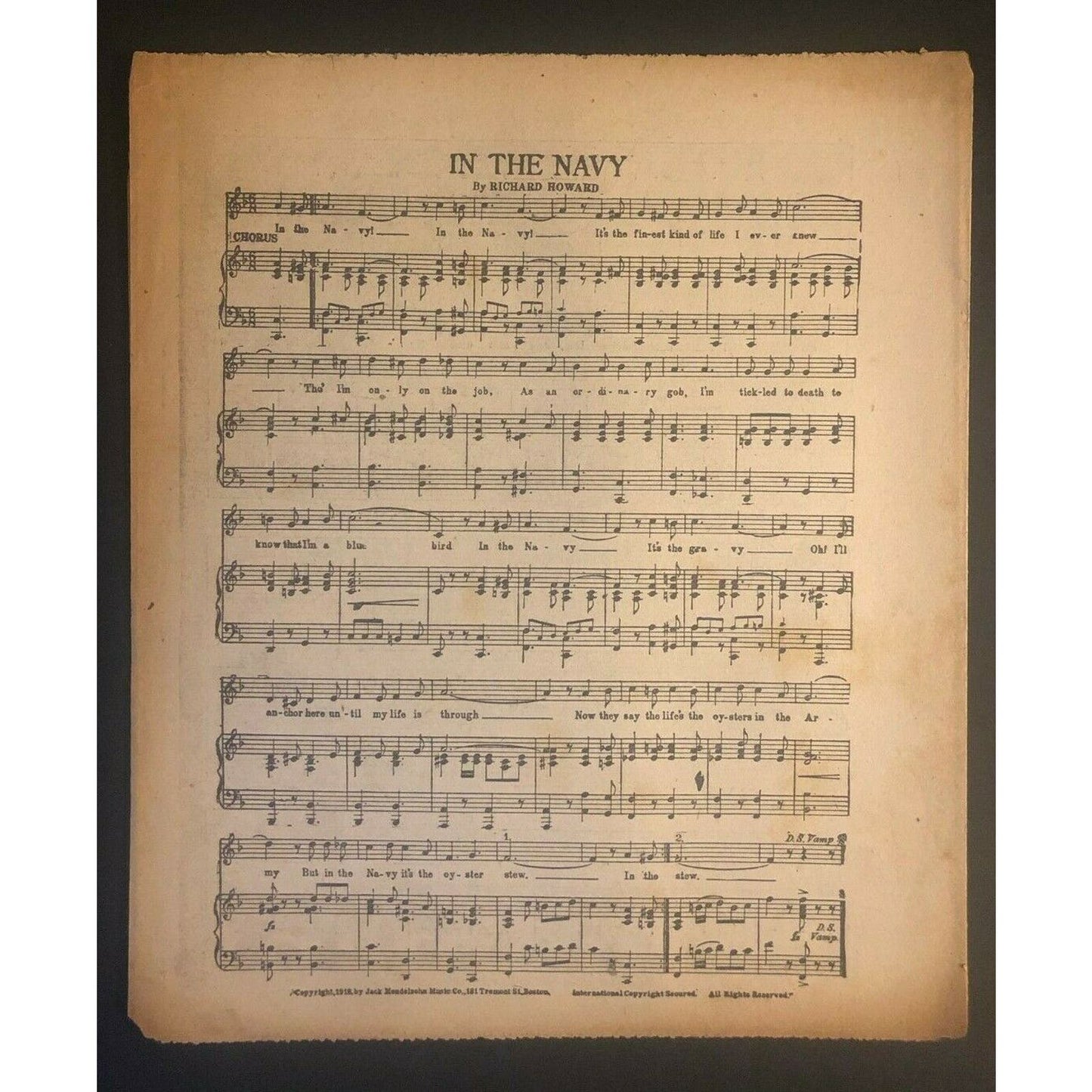 Vintage 1918 Boston Newspaper Sheet Music Insert "Allegiance" Julia Smith