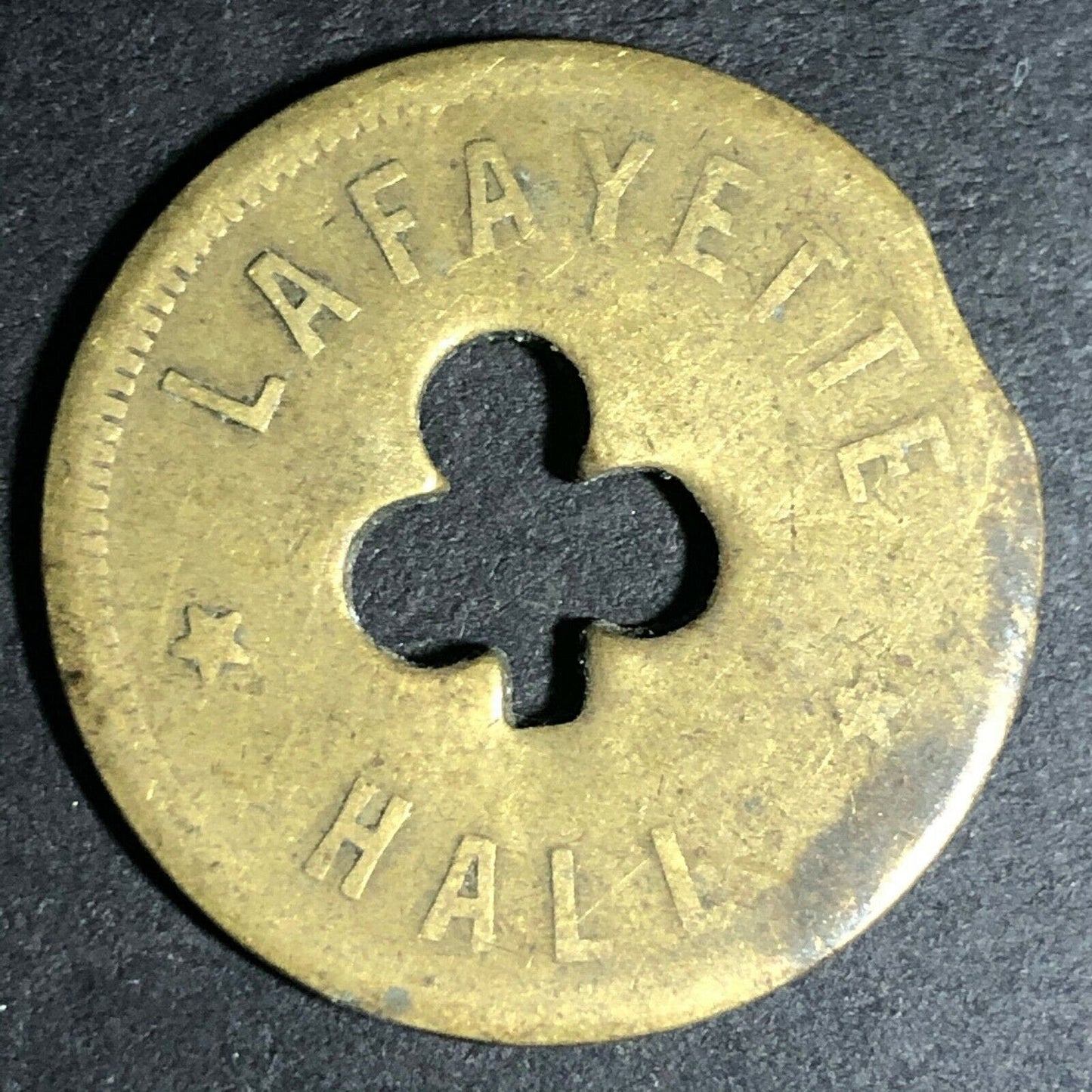 24.5mm Brass Lafayette Hall (Saloon Sacramento, CA) Token Clover Shamrock (#14)