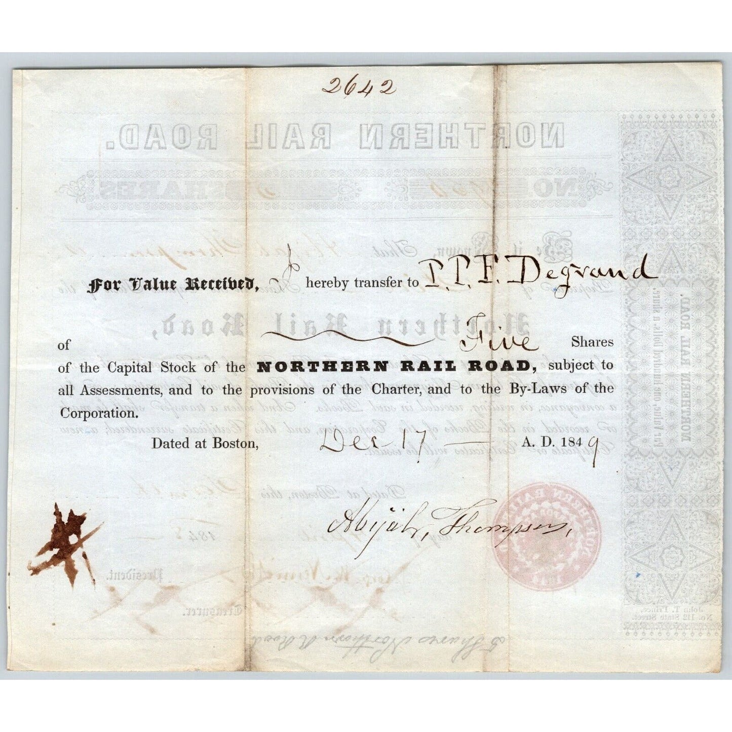 1848 Boston, MA Northern Railroad Stock Certificate No. 2956 for 5 Shares