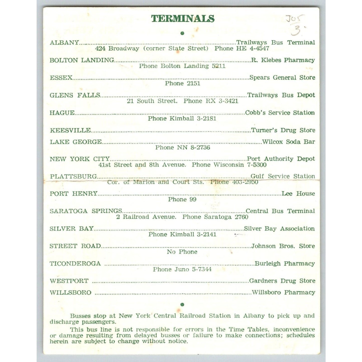 Adirondack, Trailways 1961 Bus Route Time Table Sheet