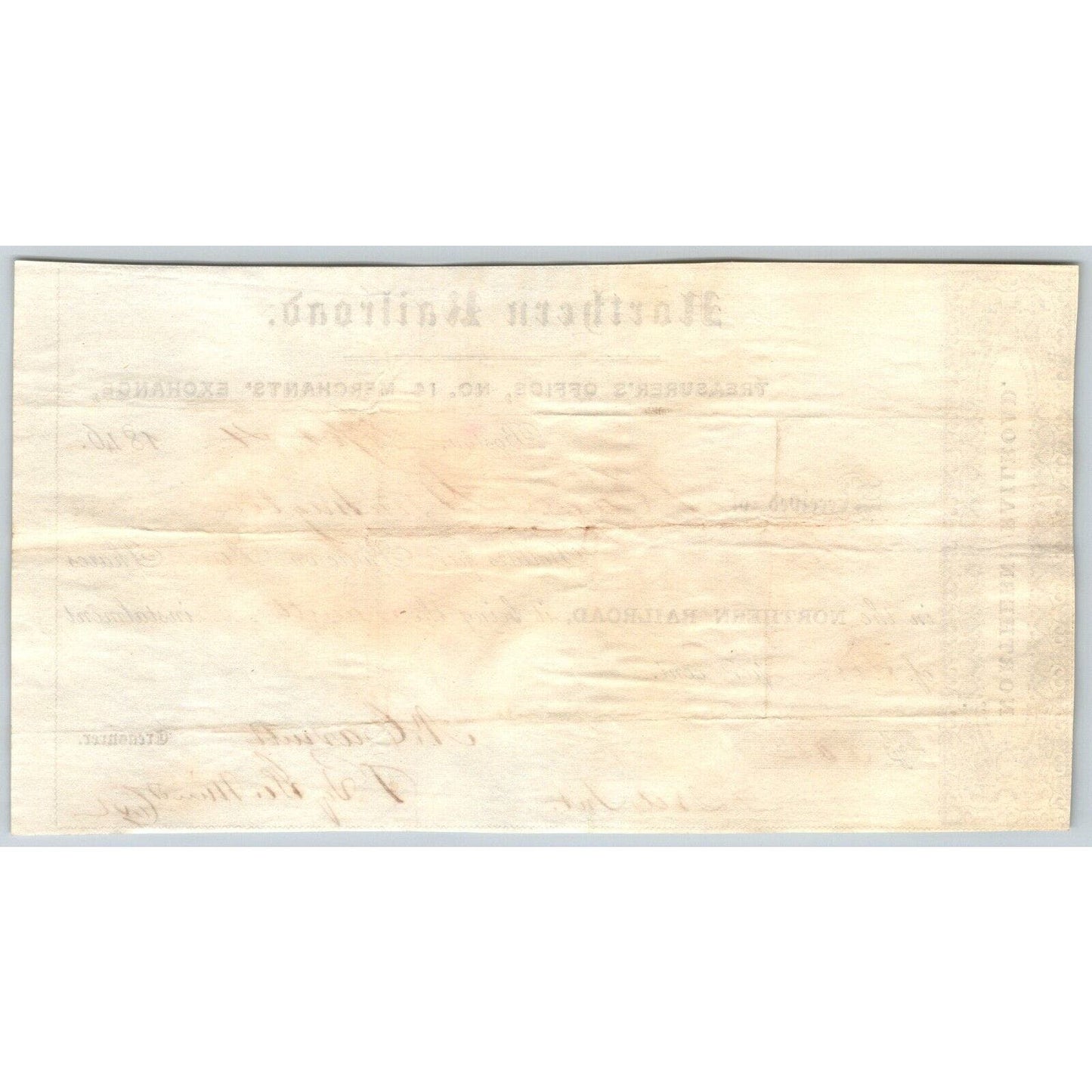 1846 Boston, MA Treasurer Receipt Northern Railroad Stock -"Benjamin Huntington"